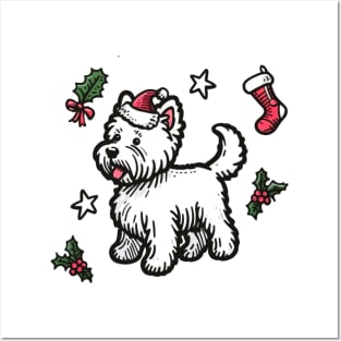 Westie Christmas Design - West Highland Terrier Santa Hat - Cartoon Dog Holiday Drawing Posters and Art